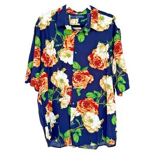 Blackberry Tropical Button-Down Casual Shirt Mens Hawaiian XXL Navy Floral Luau